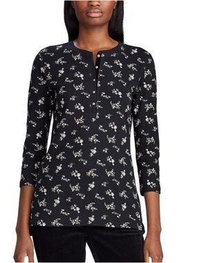 Chaps Black Floral Henley Long Sleeve Top